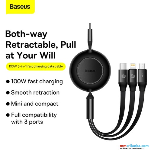 Baseus Bright Mirror 2 Type-C to M+L+C Series Retractable 3-in-1 Fast Charging Data Cable 100W 1.1m Black